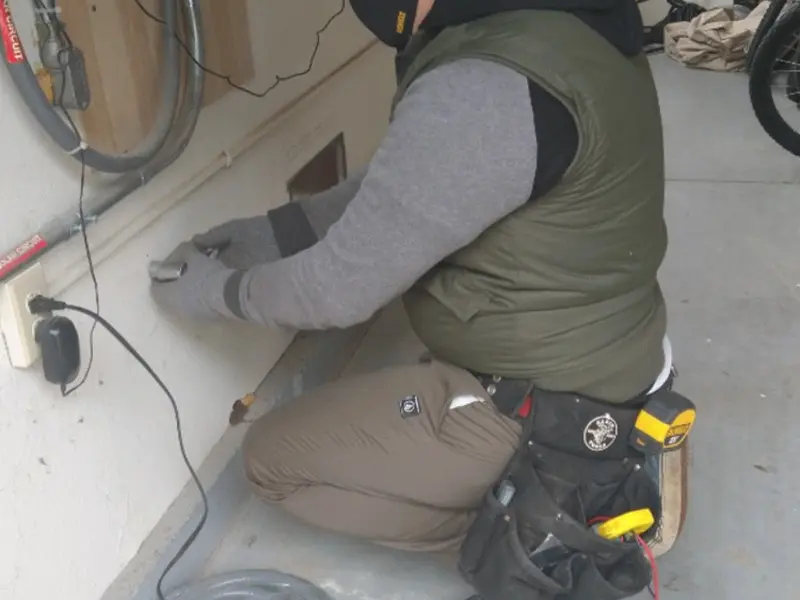 Electrician performing outlet wiring in a New Paltz garage